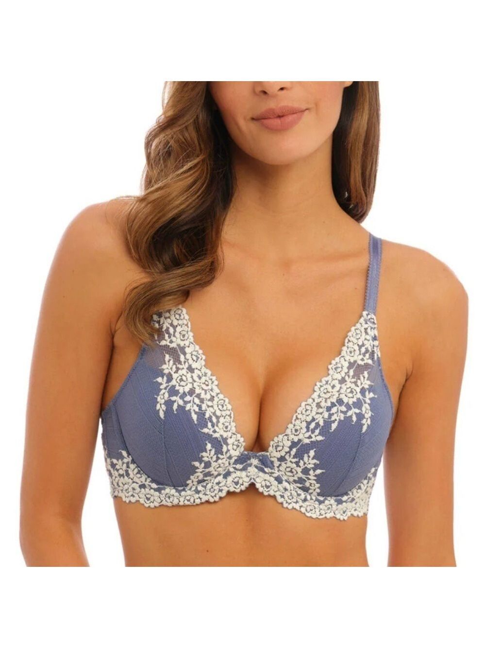 Wacoal Embrace lace plunge soft blue underwire bra 853291 32D